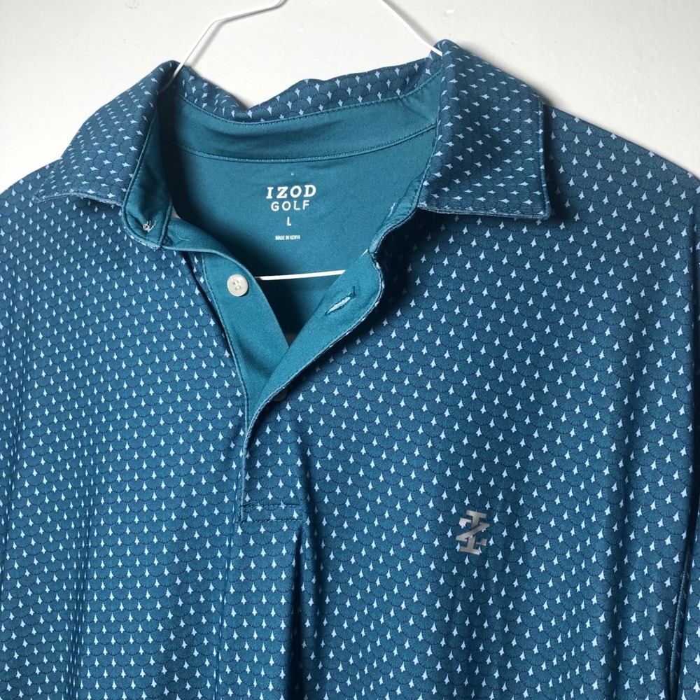 IZOD Golf Polo Shirt Mens Large Blue Coral Geometric Print Stretch 46IZFIB2WR572